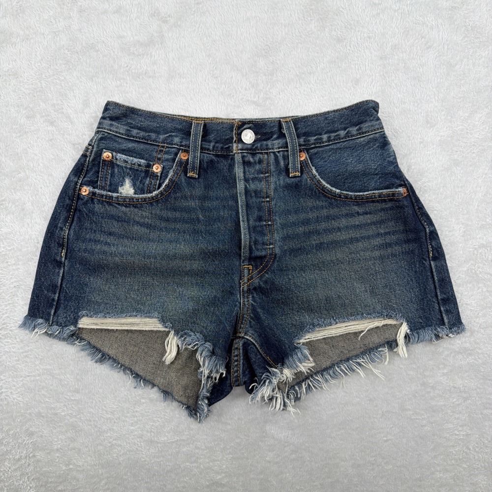 Levis 501 Shorts 25 Womens Blue Premium Denim Original Fit Cut Off Distressed